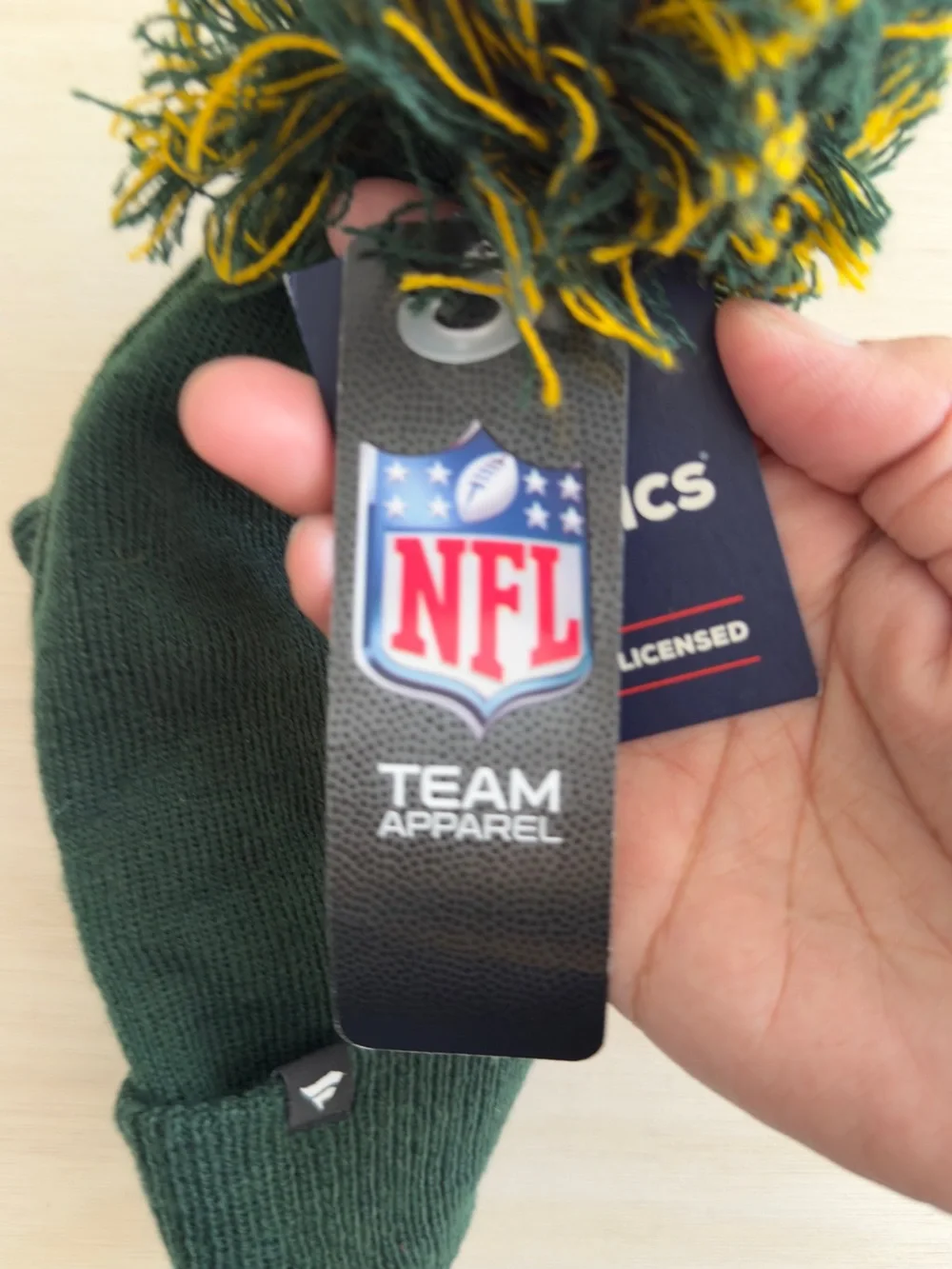 NFL Green and Gold Packers Pom Beanie with Team Patch